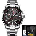 Часы наручные LIGE Мужские кварцевые, роскошные брендовые водонепроницаемые в стиле милитари, спортивные полностью стальные черные с коробкой