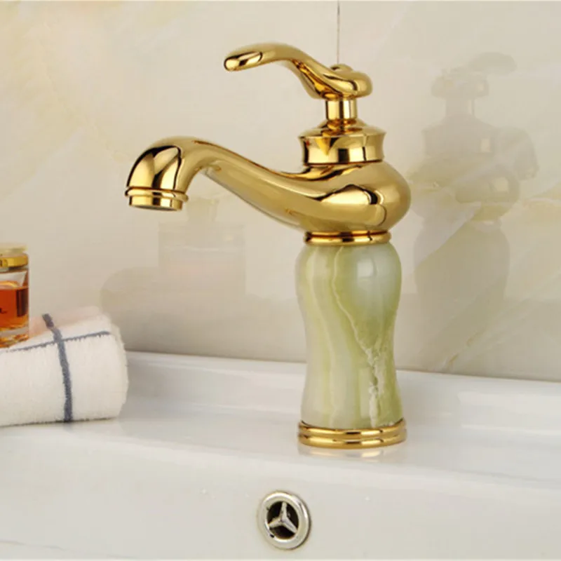 Бесплатная доставка золото Ванная комната кран латунь камень Одной ручкой