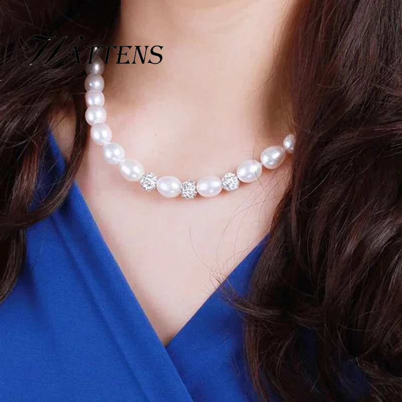 

WATTENS 2018 new Pearl Necklace 925 Sterling Silver Jewelry For Women 8-9mm Crystal Ball Natural Freshwater Pearls Pearl Jewelry