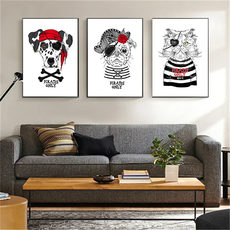 Animal Home Decor Nordic Painting Wall Art DIY Pirate Black White Dog Cat Print Office Bedroom Hotel Backdrop Personalize Supply | Дом и сад