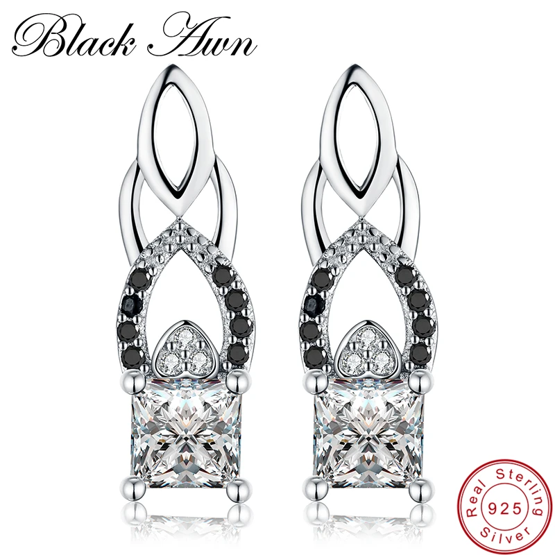 

[BLACK AWN] Genuine 3.8g 925 Sterling Silver Engagement Hoop Earrings for Women Black Spinel Stone Jewelry Bijoux T017