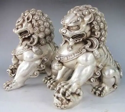 12*12 см китайский серебристый охранник лев собака фу статуя собаки пара|statue|statue