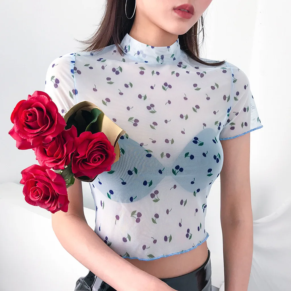 Fashion women's t-shirt Turtleneck Short Sleeve Cherry Print Mesh perspective T-shirts for women harajuku streetwear korean new | Женская