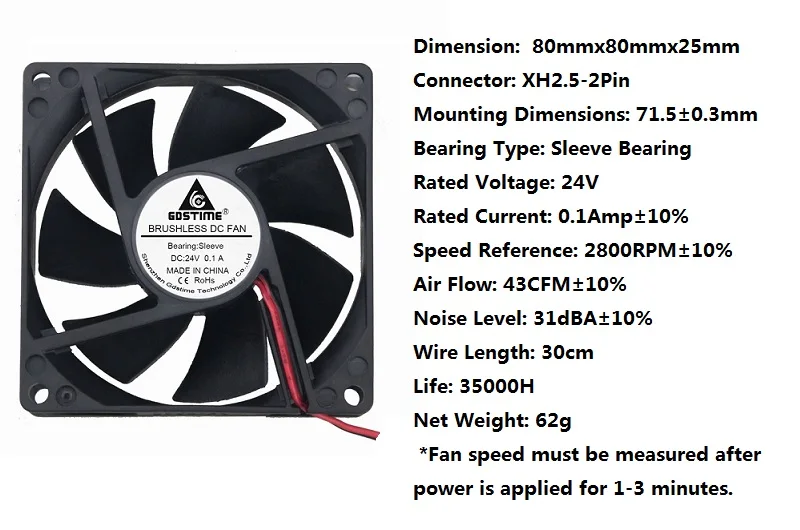 Gdstime 5 Pcs 80mm*80mm*25mm DC 24V Brushless Cooling Fan 80mm x 25mm Ventilator PC Case CPU Computer Cooler 8025 8cm 2Pin | Компьютеры и