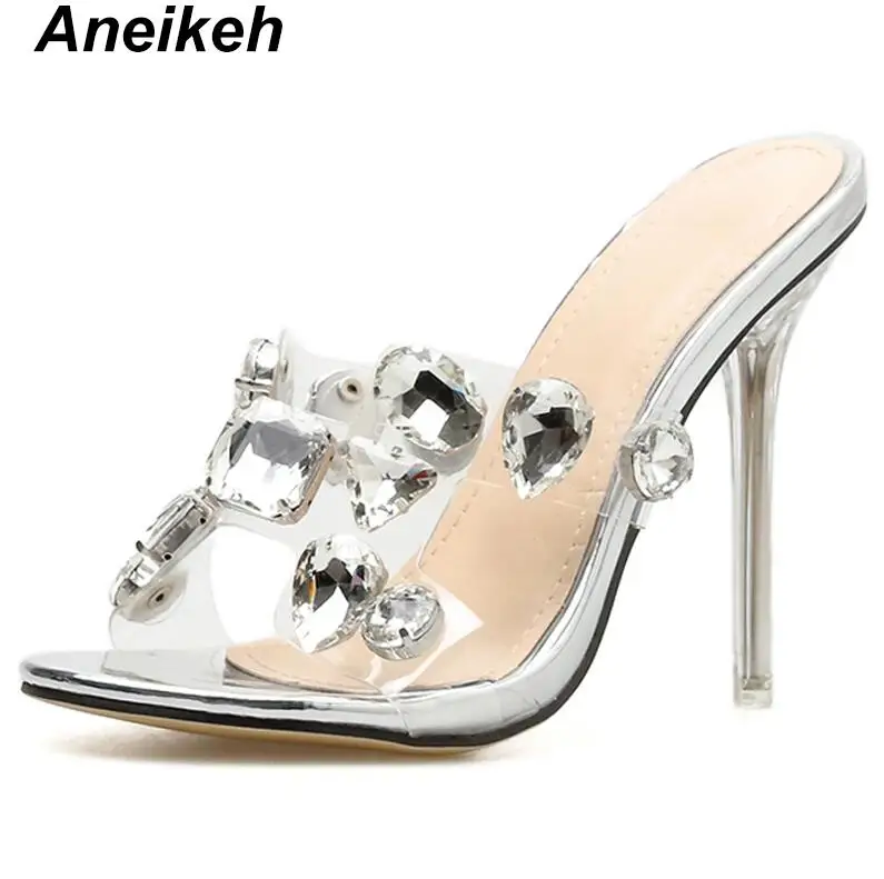 Silver Aneikeh/Новинка года; пикантные босоножки из ПВХ с прозрачным каблуком; пикантные босоножки на тонком каблуке с открытым носком и кристаллами; женские босоножки на прозрачном каблуке; шлепанцы - Цвет: Silver