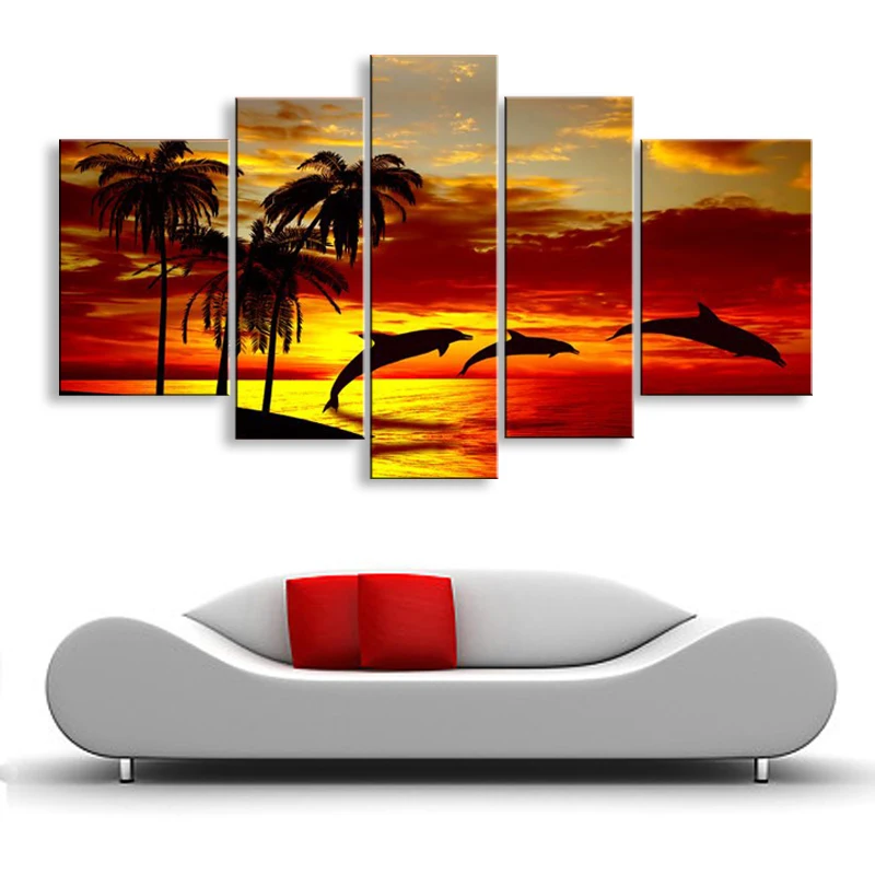 Ручная роспись маслом искусство рассвет пляж дельфины украшение дома
