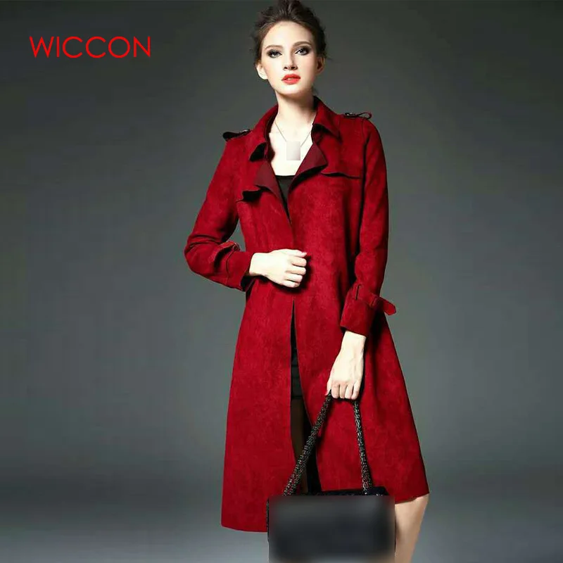 New Autumn Suede Trench Coat Women Mujer Long Elegant Outwear Female Overcoat Slim Red Suede Cardigan Trench