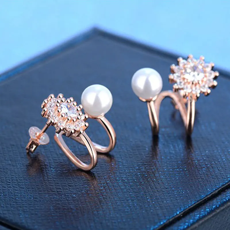 925 Sterling Silver Stud Earrings For Women Sun Flowers Pearl Rose Gold Earnail Allergy Prevention | Украшения и аксессуары