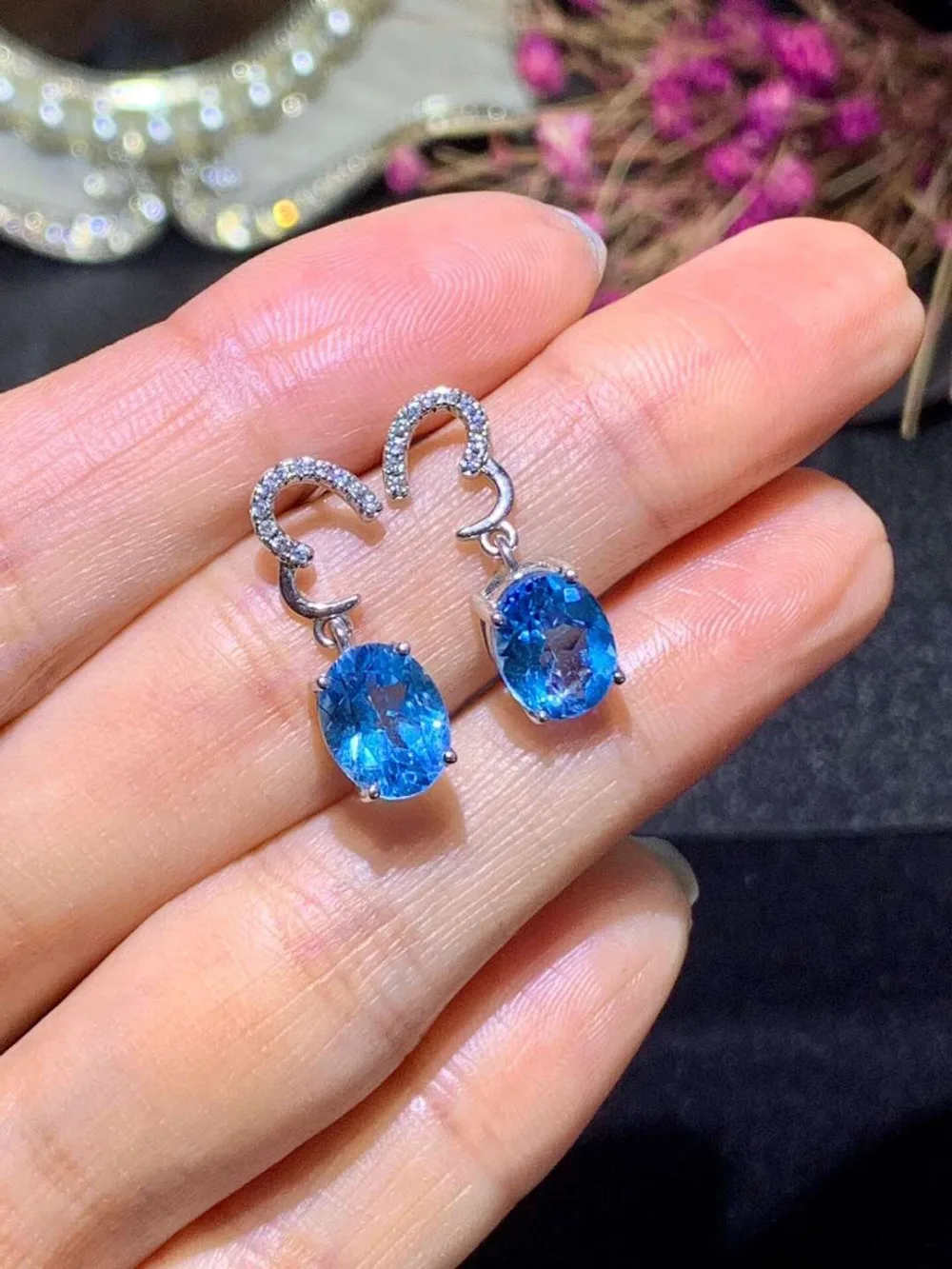 

Romantic elegance heart Peach natural blue topaz drop earrings Natural gemstone earrings S925 silver female girl gift jewelry