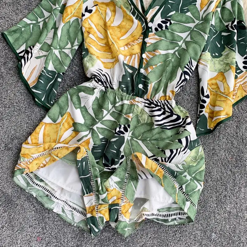 2019 новые модные женские комбинезоны тропический растительный лист печати v