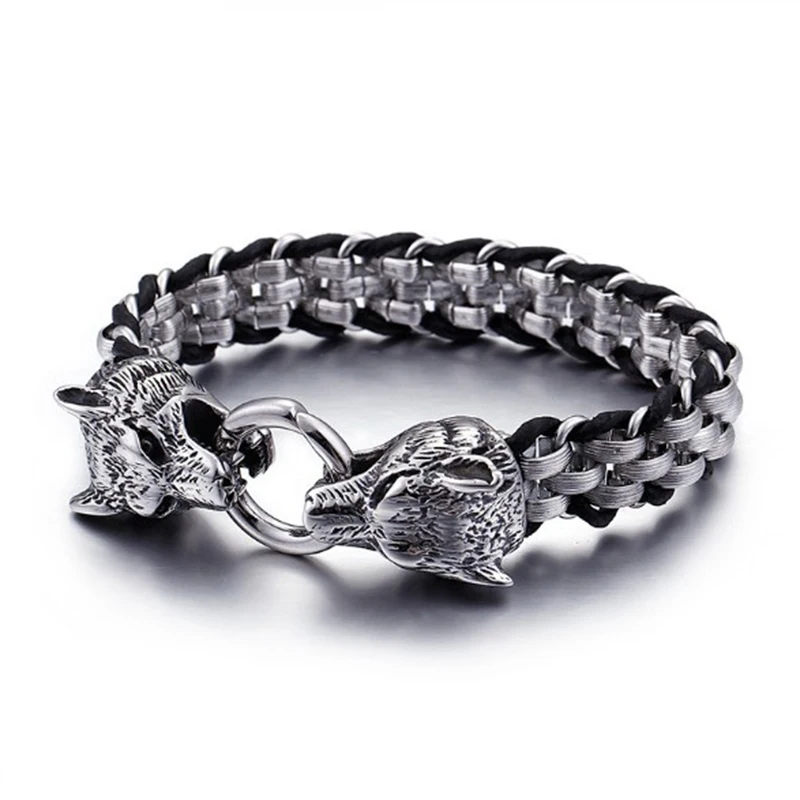 

Punk Animal Viking Wolf Leather Bracelets For Men Stainless Steel Double Wolf Heads Charm Wrap Biker Bracelet Wristband Jewelry