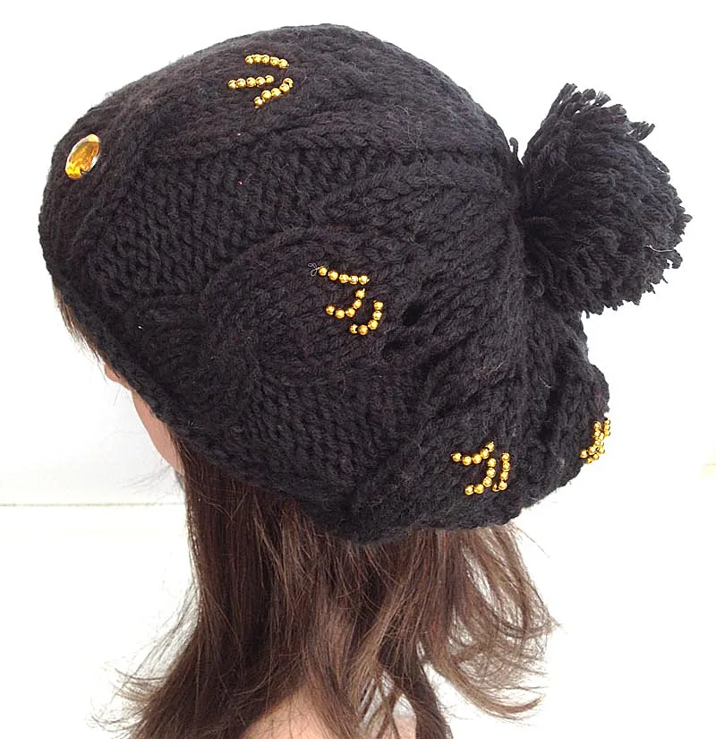 BomHCS 100% ручная работа вязаная шапка бини новая ringstone Бриллиантовая Черная Женская