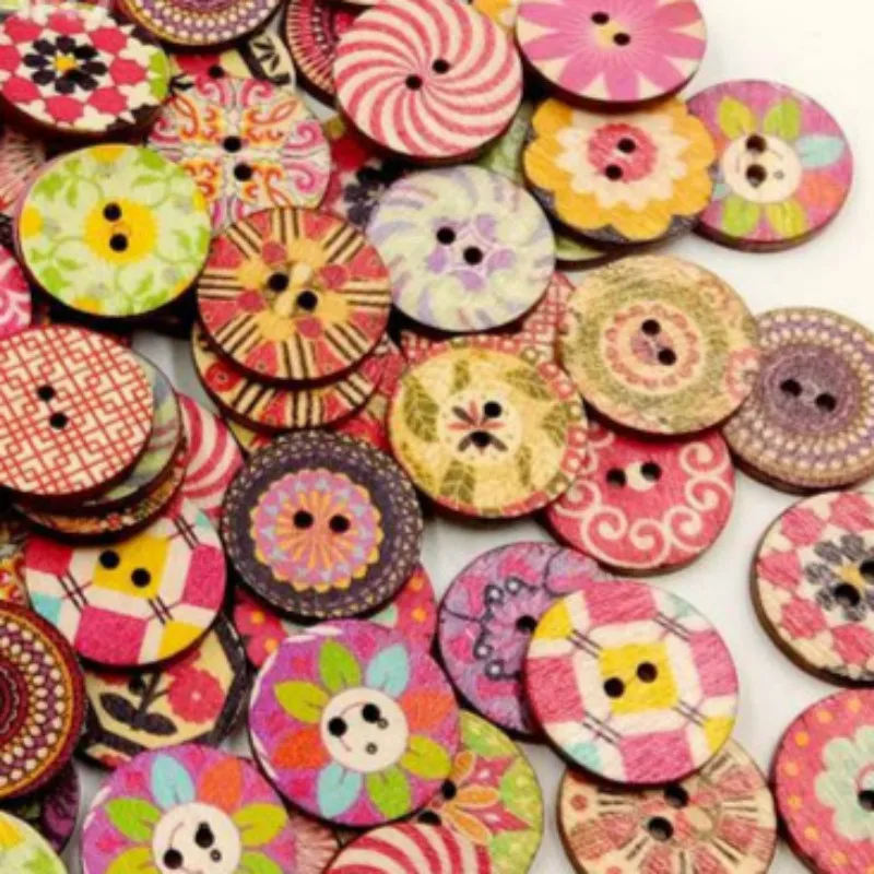 100 шт. круглые деревянные пуговицы с цветочным принтом | Дом и сад