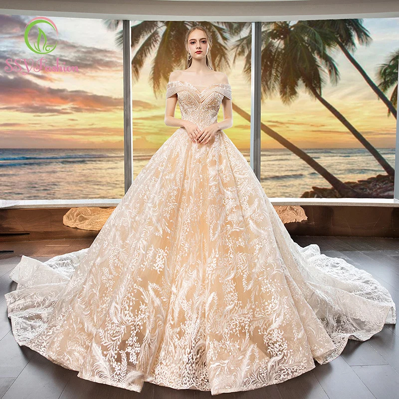 Женское свадебное платье SSYFashion роскошное до пола со шлейфом и вырезом лодочкой