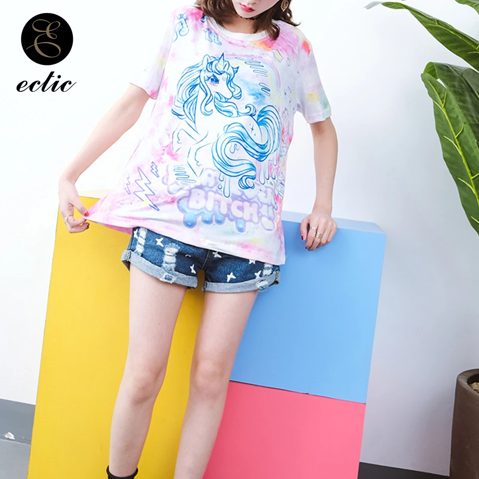 Музыка Единорог Tie Dye футболки Vetement Femme 2019 Ulzzang Harajuku Kawaii одежда пуловер Плюс