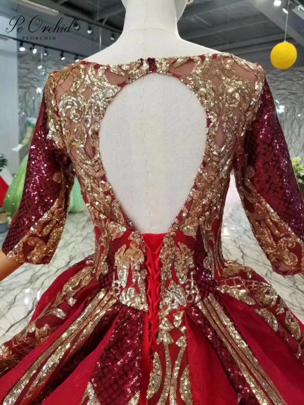 Роскошное вечернее платье PEORCHID Dubai с золотыми пайетками и рукавами 2019 открытой