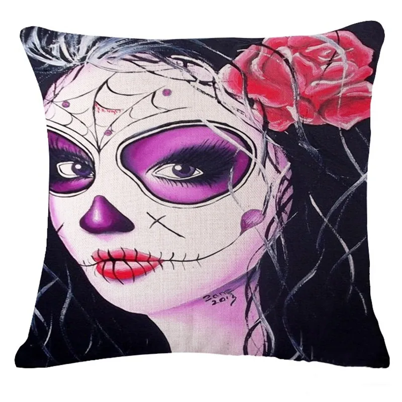 17 Inch Cushion Cover Pillow Retro Horrible Skull Day of the Dead Girl Punk Style Case Linen Cotton Home Decor | Дом и сад