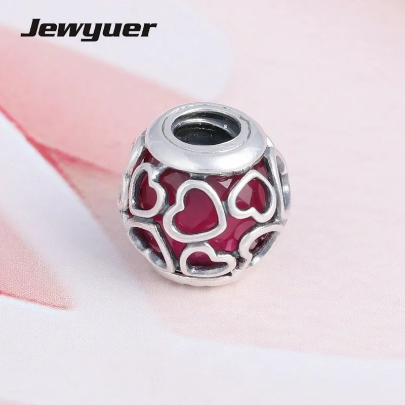 Valentine's Day Cerise Encased in Love charms 925 Sterling Silver heart beads fit charm Bracelets DIY fine jewelry Jewyuer BE434 |
