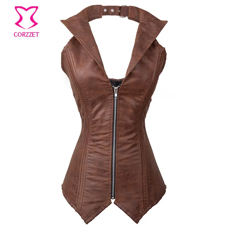 Винтажный Коричневый корсет из искусственной кожи в стиле стимпанк корсеты для