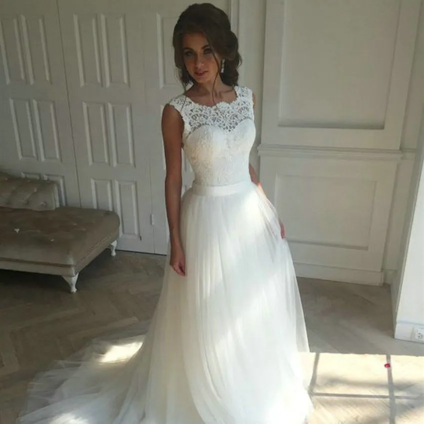 2020 линия Кружева Пляжные Свадебные платья Vestido de Noiva Совок белого цвета и слоновой