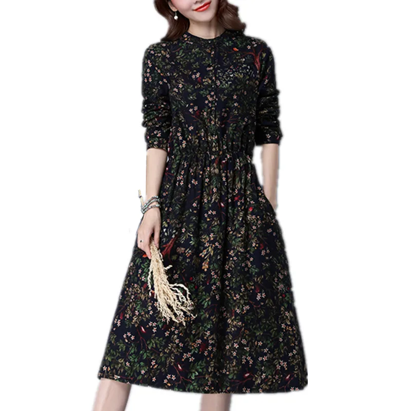 AZXCVBN 2017 женщин Новая Весна Горячая Dress Ретро Цветочные Хлопок Длинными Рукавами