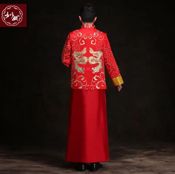 

Chinese style groom wedding long gown tang suit male suit costume show pratensis dragon gown chinese tunic suit men's formal