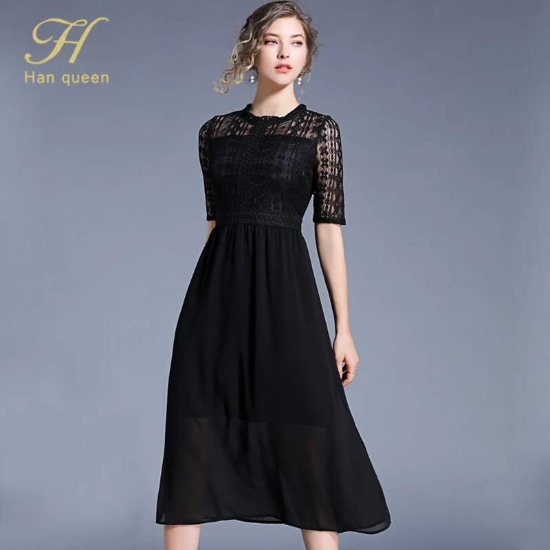 BLACK H han queen, женские элегантные шифоновые платья, повседневные, вечерние, для работы, тонкое, черное платье, сексуальное, выдалбливают, винтажное, большое, свободное, длинное, Vestidos - Цвет: BLACK