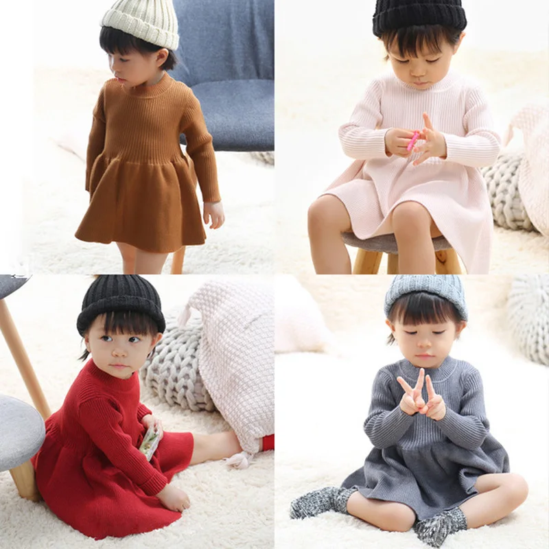 Осенне-зимнее платье для девочек, теплое шерстяное вязаное платье-свитер, модные платья для маленьких девочек, детская одежда, RT268