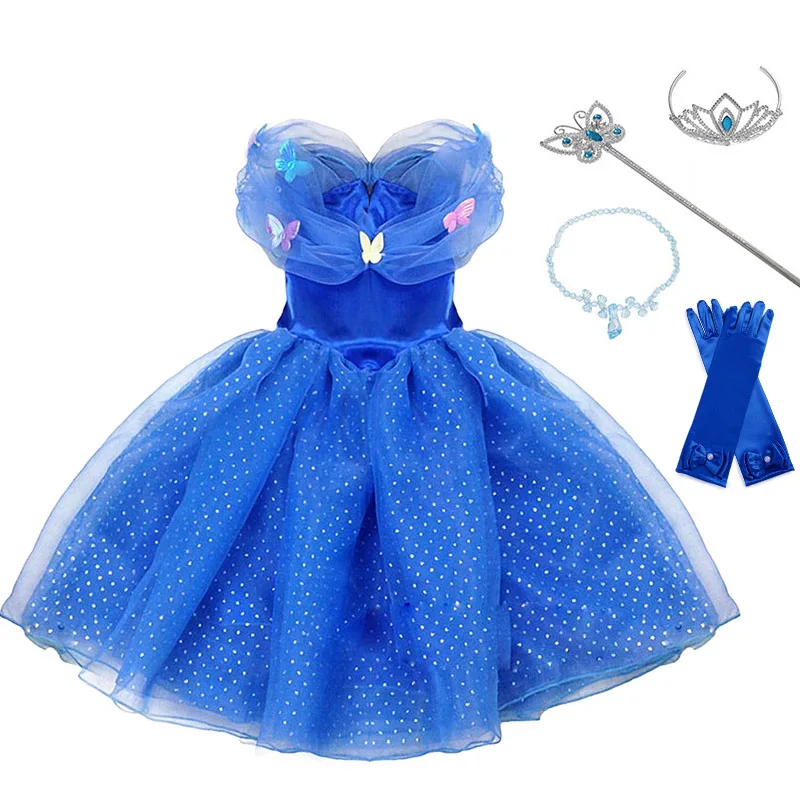 Dress set2 Платье принцессы Золушки для девочек; Детский карнавальный костюм без рукавов с бабочками; детское нарядное платье для дня рождения и свадьбы - Цвет: Dress set2