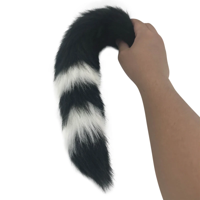 Силиконовая Анальная пробка с хвостом животного черный чередующийся белой лисий