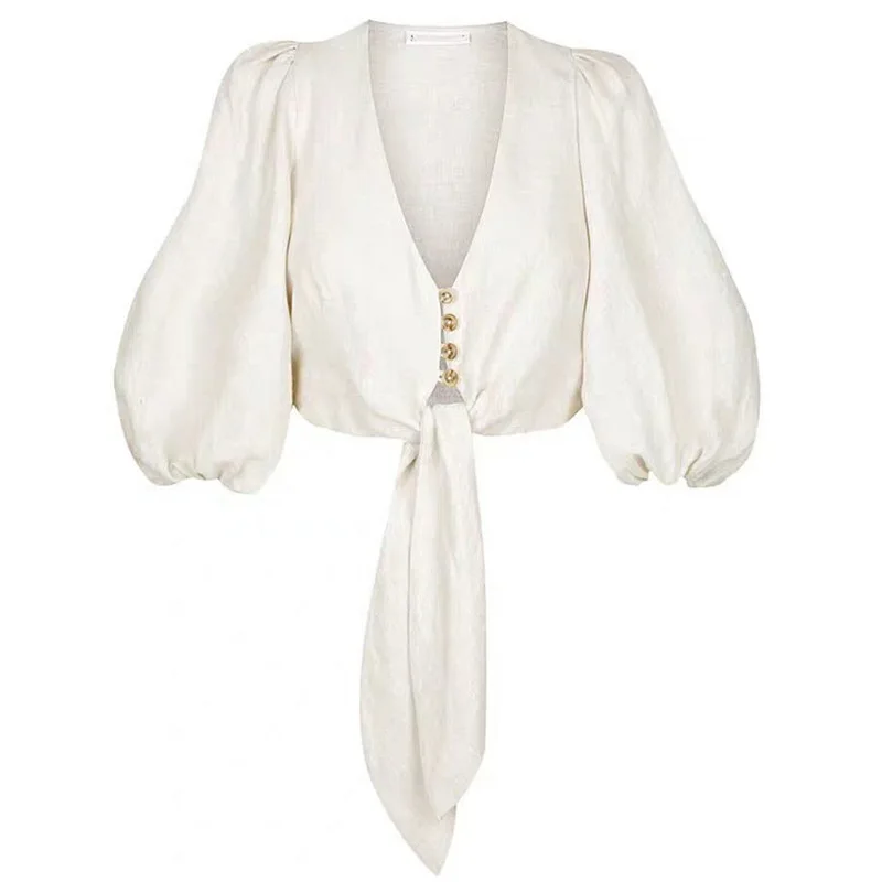 Тан 2019 Весна Boho винтажный костюм короткая рубашка + Высокая талия хлопок широкие