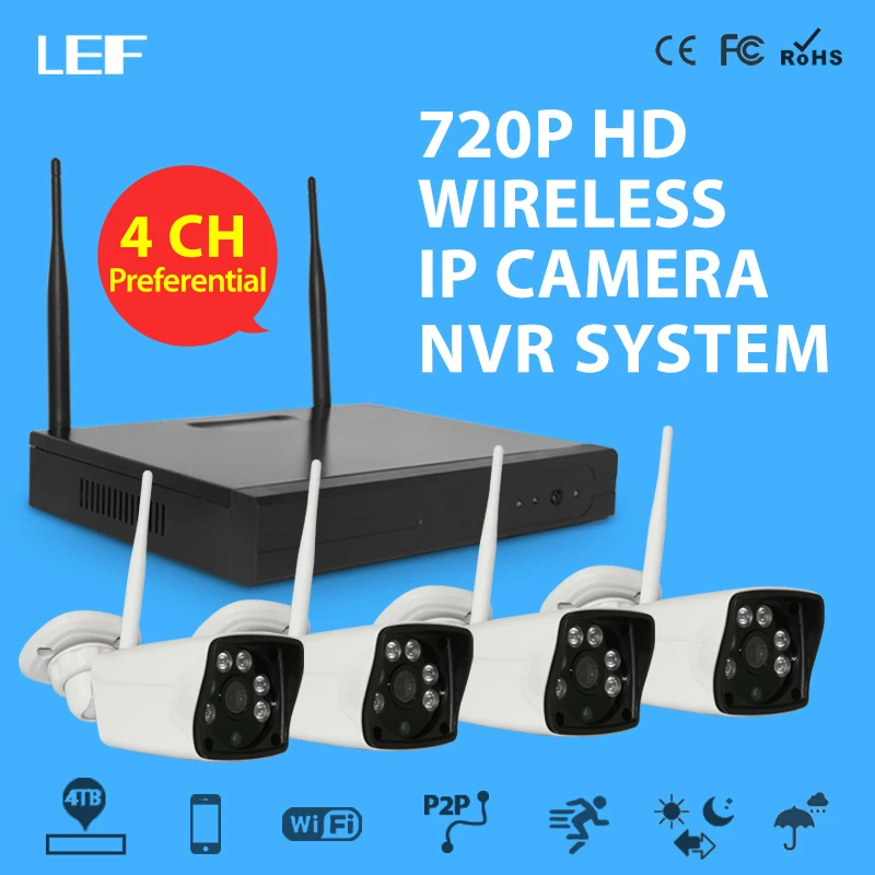 4CH NVR WI-FI Безопасности CCTV Система 4 ШТ. 1.0MP 720 P Водонепроницаемый открытый Ip-камера
