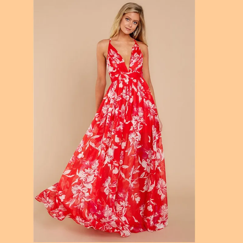 Summer Women's Fashion Sling Dress V-neck Casual Loose Wide Leg Printed Chiffon High Waist Ladies | Женская одежда