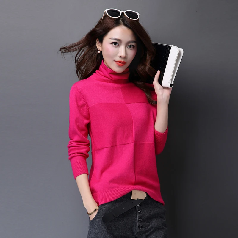 High Quality Autumn And Winter Fashion Plaid Sweaters Ladies Pure Color Slim Turtleneck Cashmere Sweater | Женская одежда