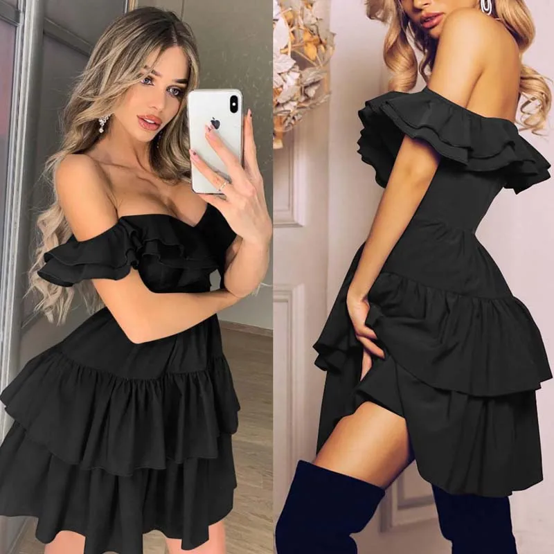 black Fanbety, женские сексуальные вечерние платья с оборками и открытыми плечами, женские летние плиссированные Клубные платья с вырезом лодочкой, однотонное пляжное мини-платье трапециевидной формы - Цвет: black