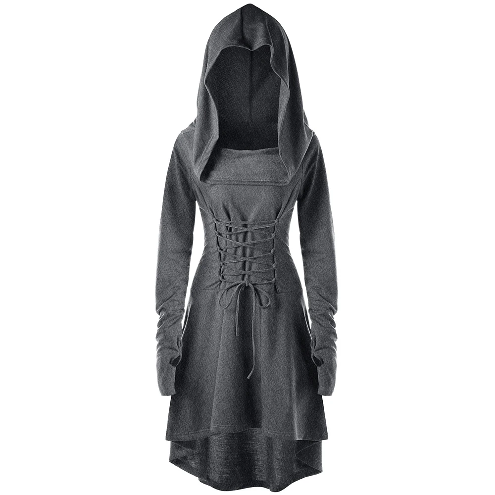 Wipalo Women Autumn Fashion Army Green Gothic Dresses Lace Up Hooded Irregular High Low Dress Bandage Back Vestidos Costume Robe|Женские