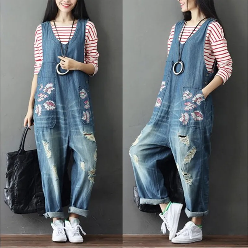 Free Shipping 2019 New Fashion Long Print Denim Bib Pants For Women Trousers Loose Plus Size Jumpsuit And Rompers With Holes