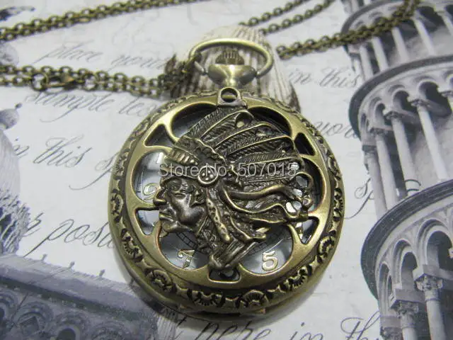 Antique bronze cacique chief Hollow out pocket watch necklace brass steampunk victorian vintage style simple | Наручные часы