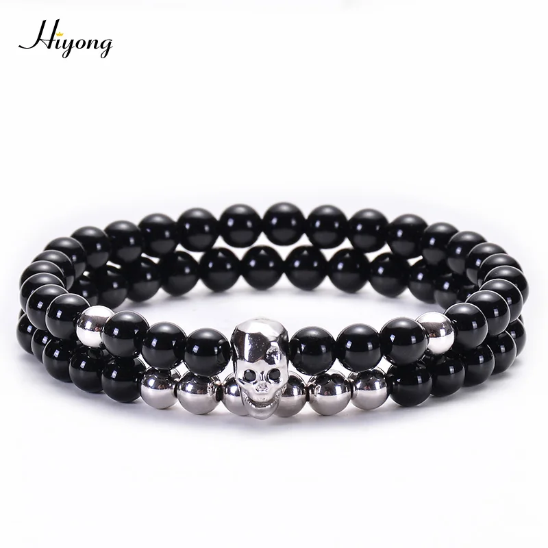 Silver Skull HIYONG 2 шт./компл. Шарм Для Мужчин Скелет Череп браслет черный агат гематит браслеты с бусинами из натурального камня для Для мужчин ювелирные браслеты - Окраска металла: Silver Skull
