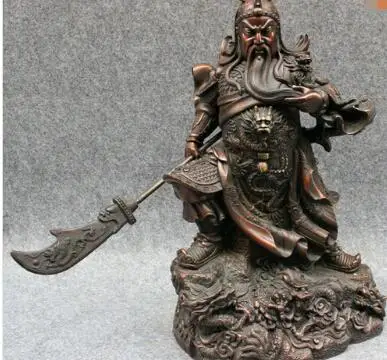 15 &quotКитайский чистая бронза 9 Дракон Воин GuanGong GuanYu Бог Держите меч статуя|Статуи