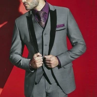 grey mens suits with pants groom wedding tuxedos terno masculino black velvet peaked lapel man blazers 3piece coat pants vest