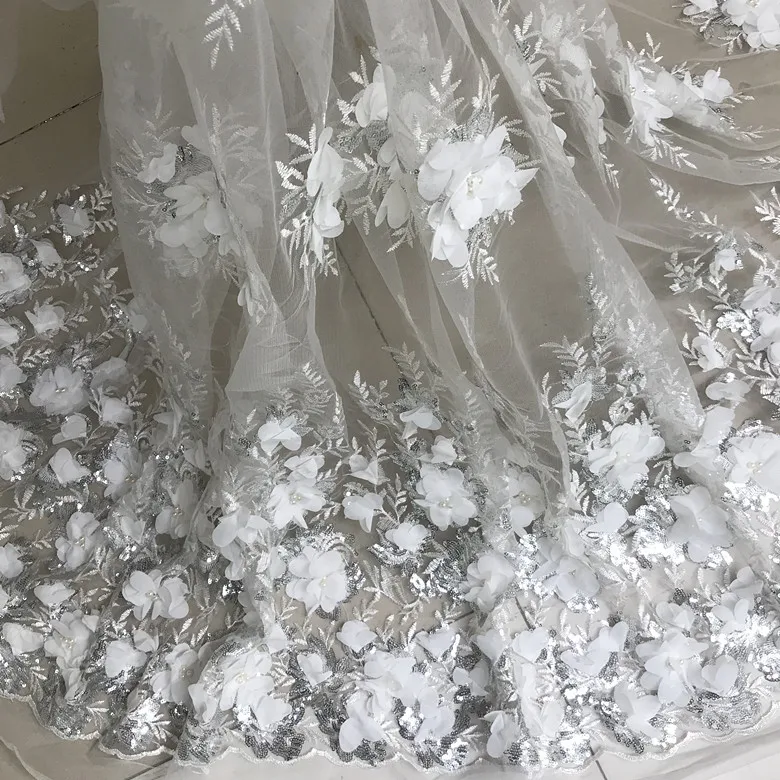 

GLace 1Y/Lot Off white beaded sequins embroidered fabric high quality dress 3D flower applique lace fabric dress decorationTX199