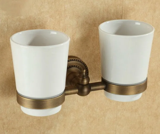 

Wall Mounted Vintage Retro Antique Brass Bathroom Toothbrush Holder Set Bathroom Accessory Dual Ceramic Cup mba088
