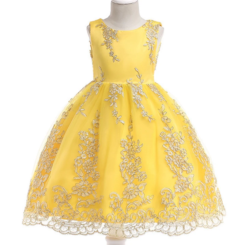 Flower Girl Embroidery Yellow Sleeveless Princess Dress Kids Party Wedding Birthday Ball Gown Clothes Costume Dresses 3-10 BW117 | Детская