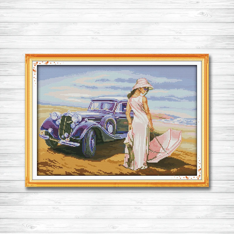 Модель автомобиля сексуальная девушка рисунок напечатанный на холсте DMC 14CT 11CT