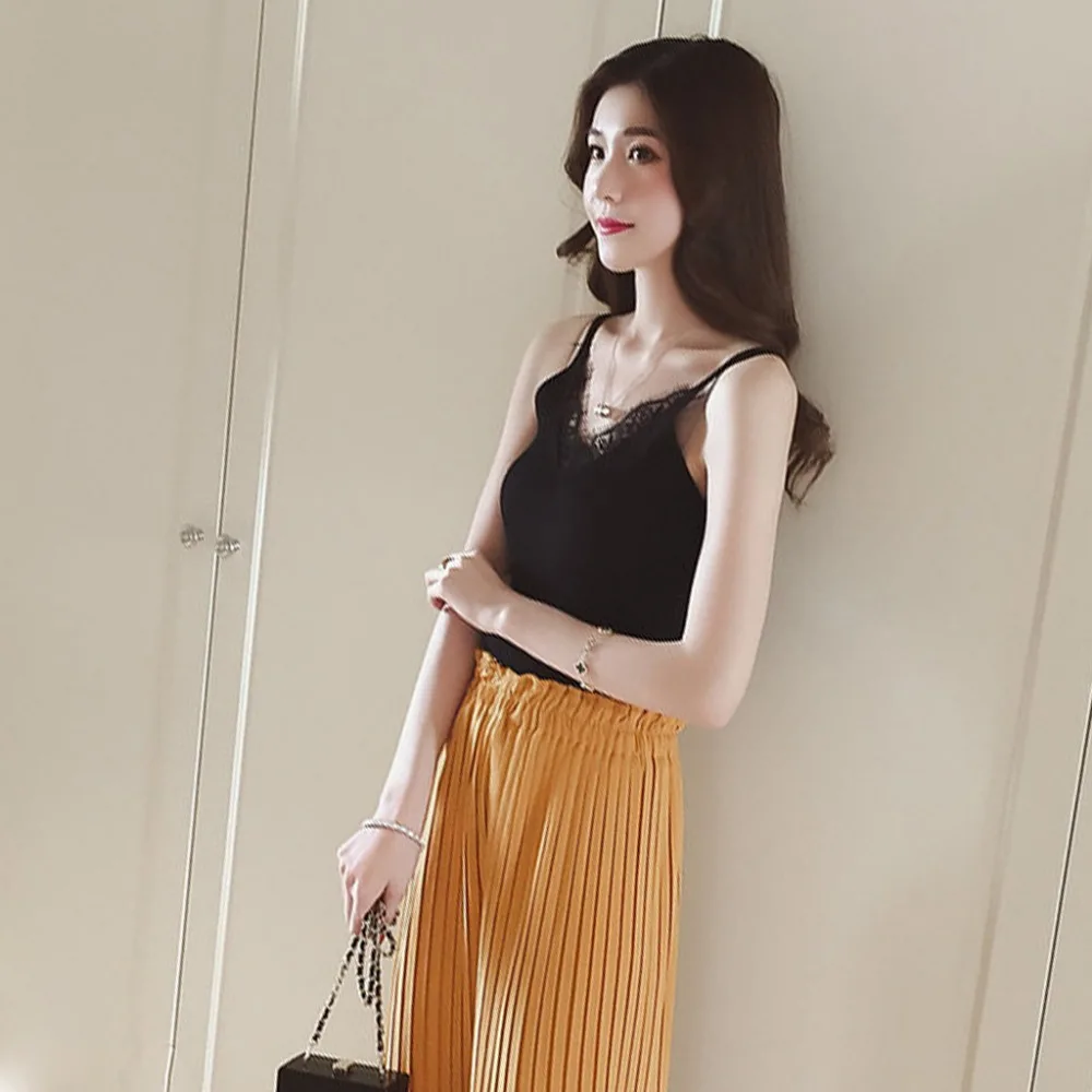 

Sexy Women Plain Camisole Lace Splicing Double V-neck Vest Slim Sling Tank Tops