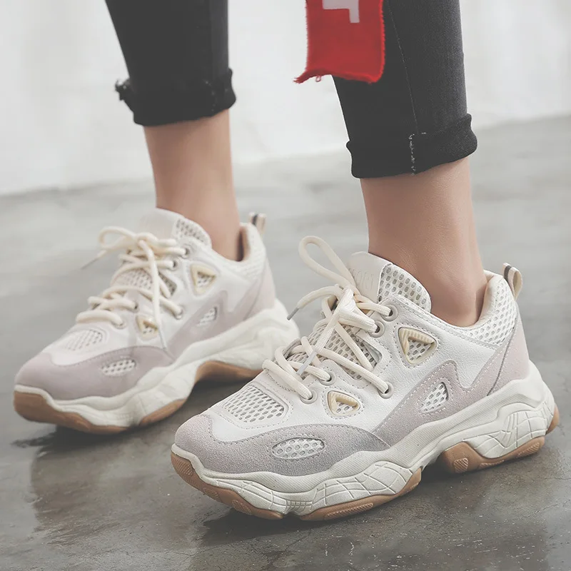 Женские дышащие кроссовки Sooneeya белые бежевые розовые с амортизацией криперы на