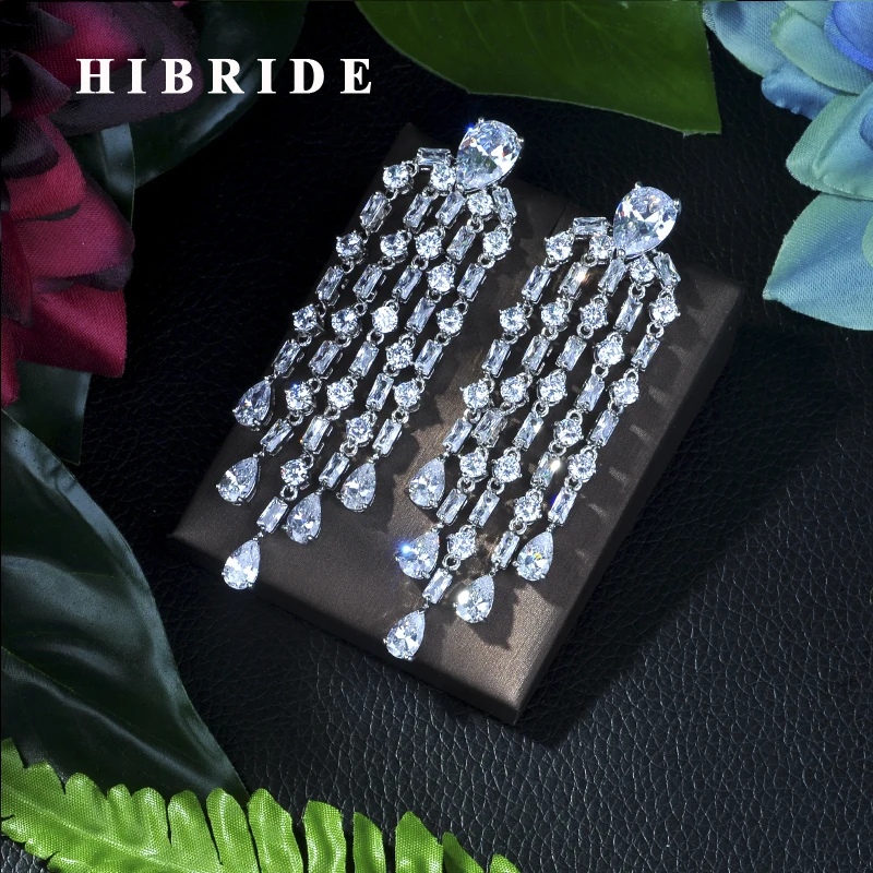 Модные серьги HIBRIDE с кисточкой из циркона красного, зеленого, синего и белого цветов, женские серьги с родиевым покрытием, подарки E-56