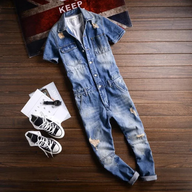 Новинка 2017 мужской джинсовый комбинезон с коротким рукавом мужские повседневные