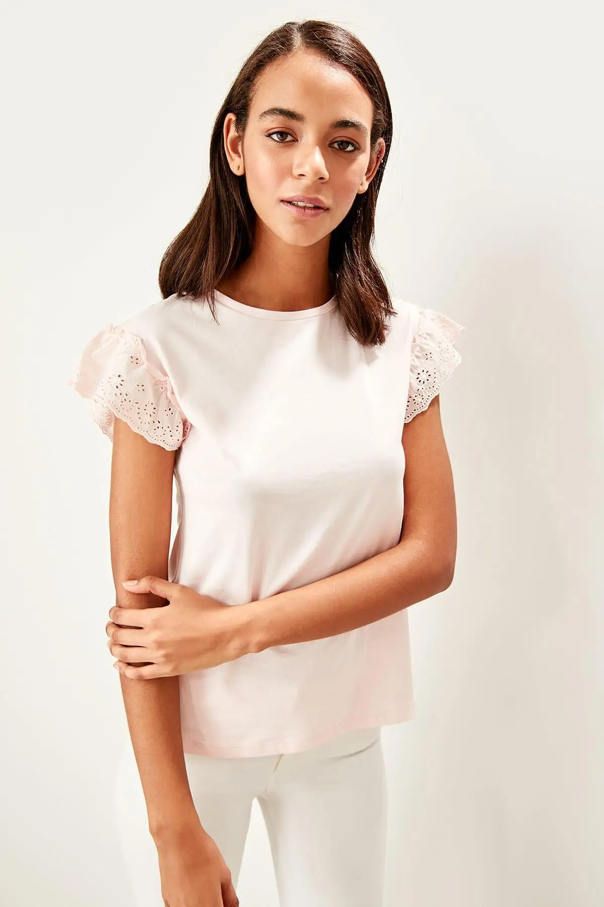 Trendyol порошок фисто вышитые Базовые Трикотажные футболки TWOSS19BX0182 | Женская одежда